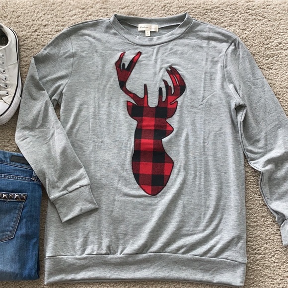 Grey French Terry Long Sleeve Plaid Reindeer Top - Picture 7 of 10